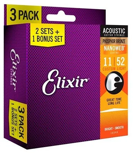 Elixir 16544 Nanoweb (11-52) Три комплекта струн для акустической гитары, Custom Light.