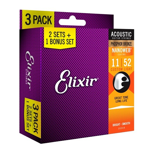 Elixir 16544 Nanoweb (11-52) Три комплекта струн для акустической гитары, Custom Light.